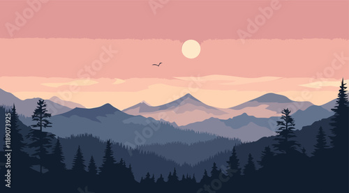 Mountain Sunset with Pine Trees