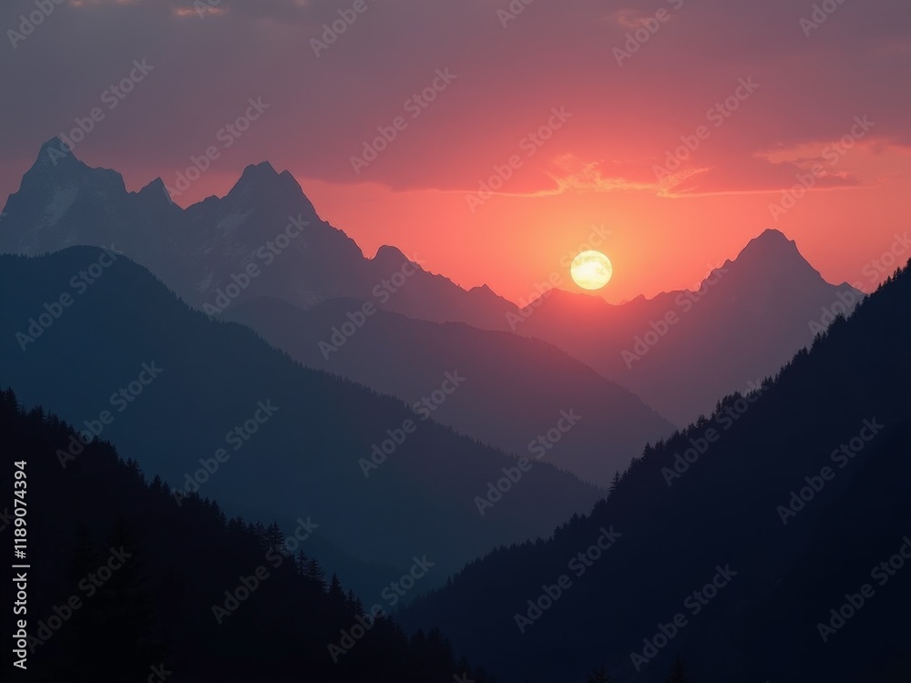Fototapeta premium A serene sunset over a mountain range, with the sun dipping below the peaks, casting a warm glow over the landscape.