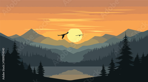 Mountain Sunset with Pine Trees