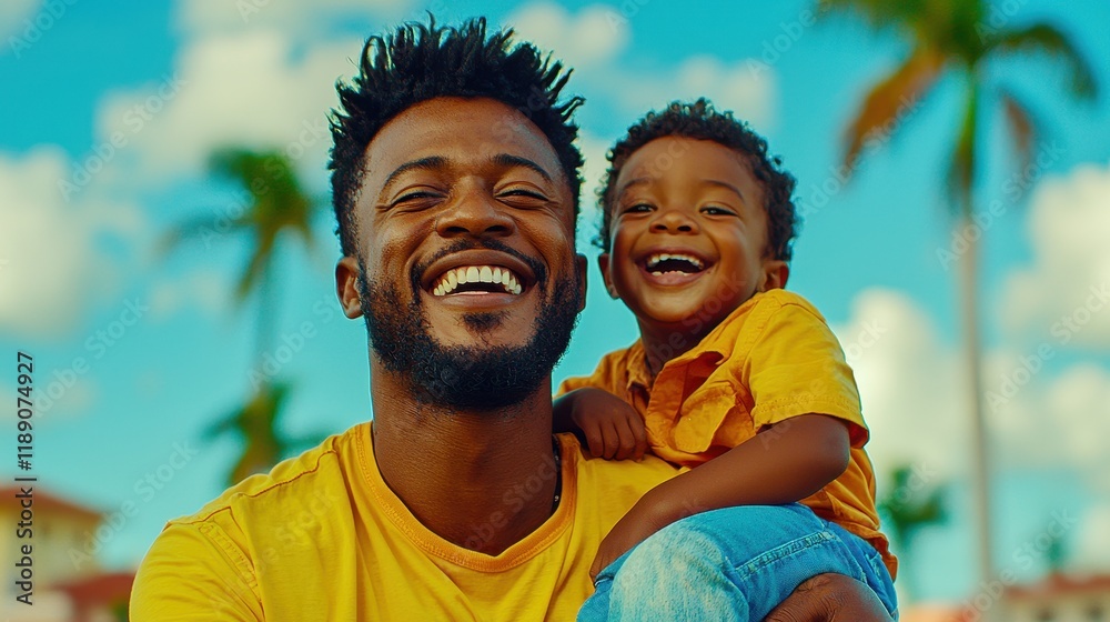 A joyful father and son share a laugh against a sunny background. celebration of African American history concept A joyful father and son share a laugh against a sunny background. celebration of African American history concept