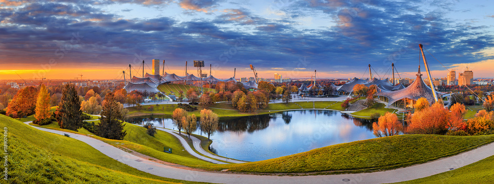 Autumn cityscape, panorama, banner - view of the Olympiapark or Olympic Park located in the Oberwiesenfeld neighborhood of Munich, Bavaria, Germany