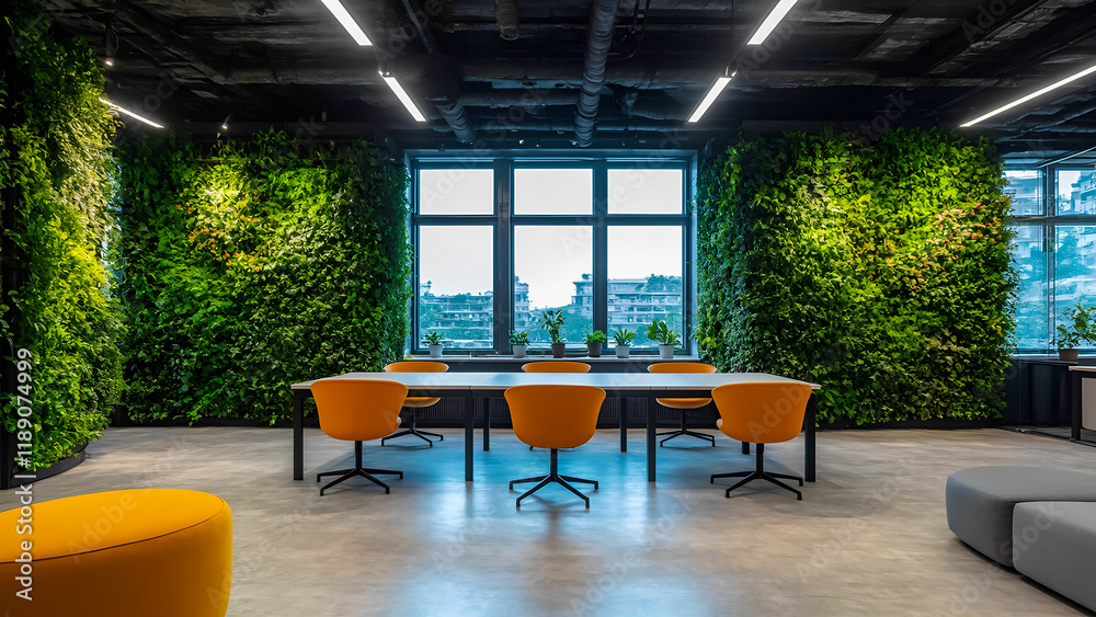 Fototapeta premium A sleek eco-friendly office featuring vertical gardens and innovative smart energy systems.