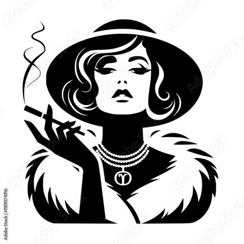 Elegant woman smoking a cigarette, black and white vector illustration
