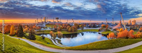 Obraz na płótnie Autumn cityscape, panorama, banner - view of the Olympiapark or Olympic Park located in the Oberwiesenfeld neighborhood of Munich, Bavaria, Germany w salonie