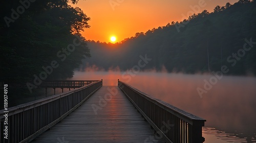 A misty morning on a calm lake, with sunlight dancing through the fog, a wooden pier jutting into the watera??s stillness. photo