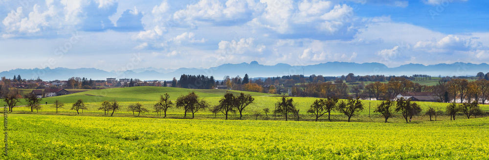 Autumn landscape, panorama, banner - view of the surroundings of the town of Ebersberg against the backdrop of the Alps, Upper Bavaria, Bavaria, Germany