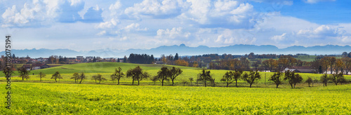 Obraz na płótnie Autumn landscape, panorama, banner - view of the surroundings of the town of Ebersberg against the backdrop of the Alps, Upper Bavaria, Bavaria, Germany w salonie