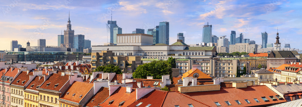 Cityscape, panorama, banner - top view of the district of Srodmiescie in the center Warsaw, Poland