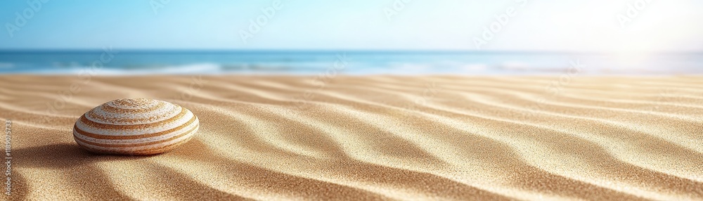 Serene Beach Scene with Smooth Shell on Golden Sand and Calm Ocean in Background Serene Beach Scene with Smooth Shell on Golden Sand and Calm Ocean in Background
