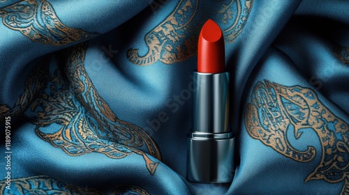 Luxurious Red Lipstick on Satin Fabric: Elevate Your Beauty with Glamour and Elegance in Makeup Essentials photo