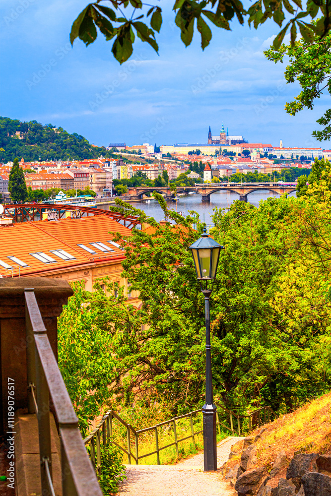 Summer cityscape - view of the historical center of Prague with the castle complex Prague Castle and the Vltava River from Vysehrad, Czech Republic