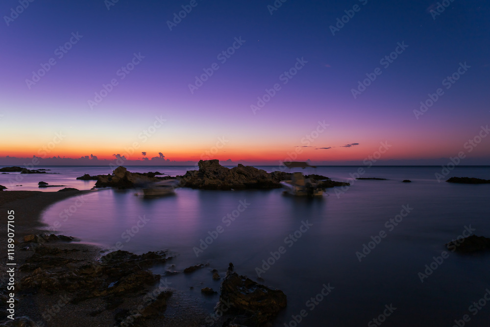 Fototapeta premium Seaside landscape at sunrise on Rhodes island Stegna beach