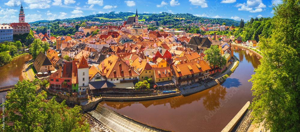 Summer cityscape, panorama, banner - top view of the Old Town of Cesky Krumlov and the Vltava river, Czech Republic