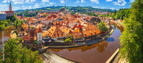 Summer cityscape, panorama, banner - top view of the Old Town of Cesky Krumlov and the Vltava river, Czech Republic