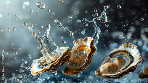 Commercial photography oysters flying with water splash
