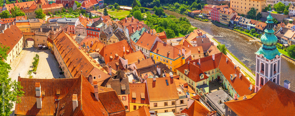 Summer cityscape, panorama, banner - top view from the Cesky Krumlov Castle on the historical center of Cesky Krumlov with Latran district, Czech Republic