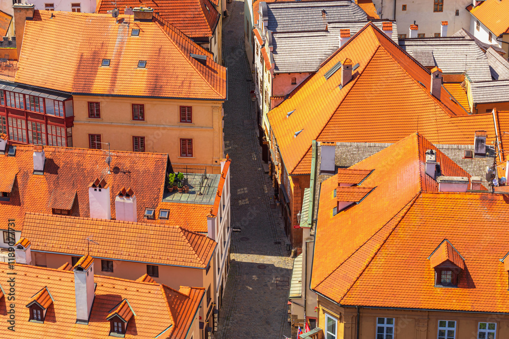 Summer cityscape - top view of the Radnicni (Town Hall) street in the historical center of Cesky Krumlov, Czech Republic