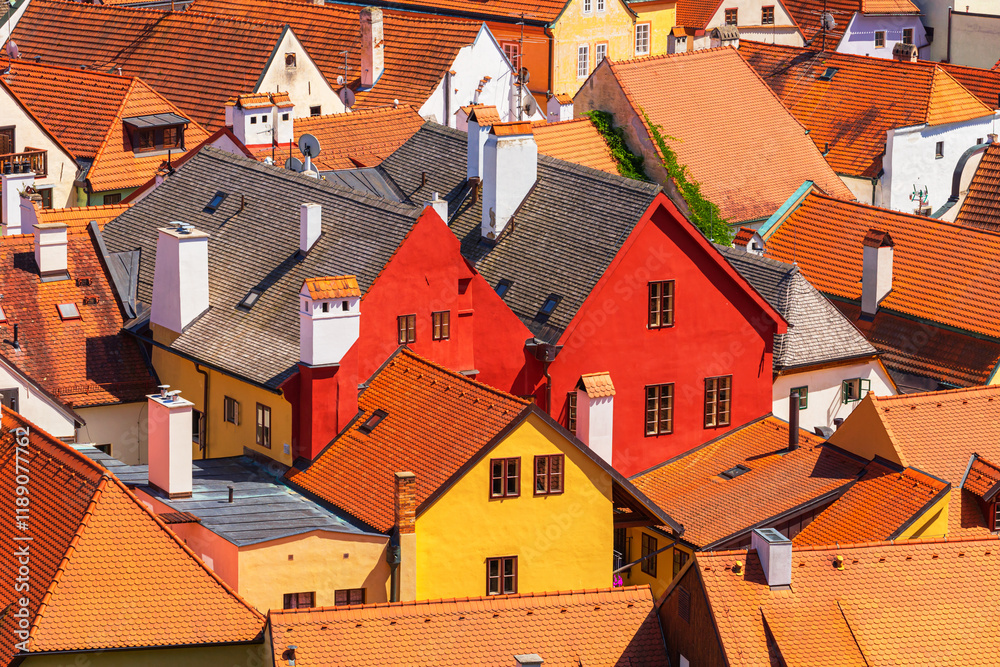 Summer cityscape - top view of the houses and streets in the historical center of Cesky Krumlov, Czech Republic