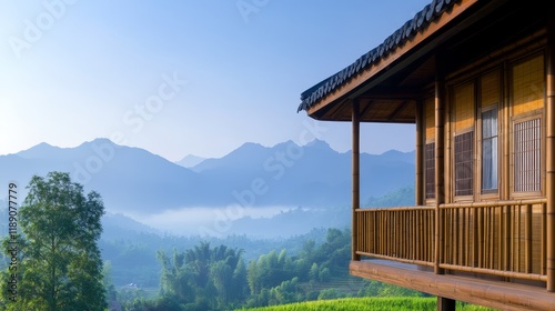 A serene wooden balcony overlooks misty mountain and lush greenery at dawn.