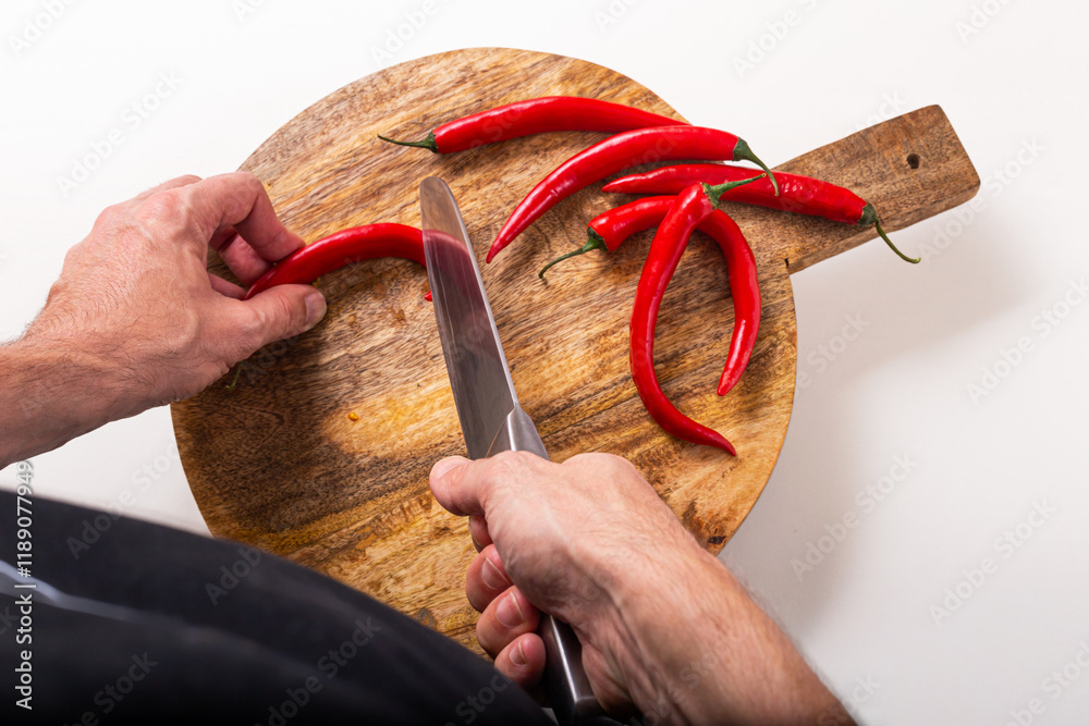Top view of the hands of a male cook who cuts red chili peppers with a knife on a cutting board, flat lay. Episode of the cooking process