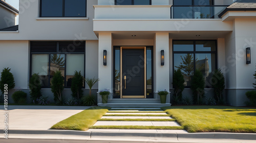 Modern House Exterior: Luxury Home Design and Architecture.  Contemporary style, elegant entrance, and beautiful landscaping create a stunning residential property.