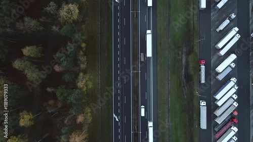 Top view on the highway and truck stop