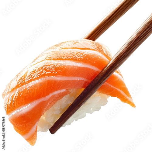 Chopsticks holding a piece of salmon nigiri isolated on transparent background. Cutout