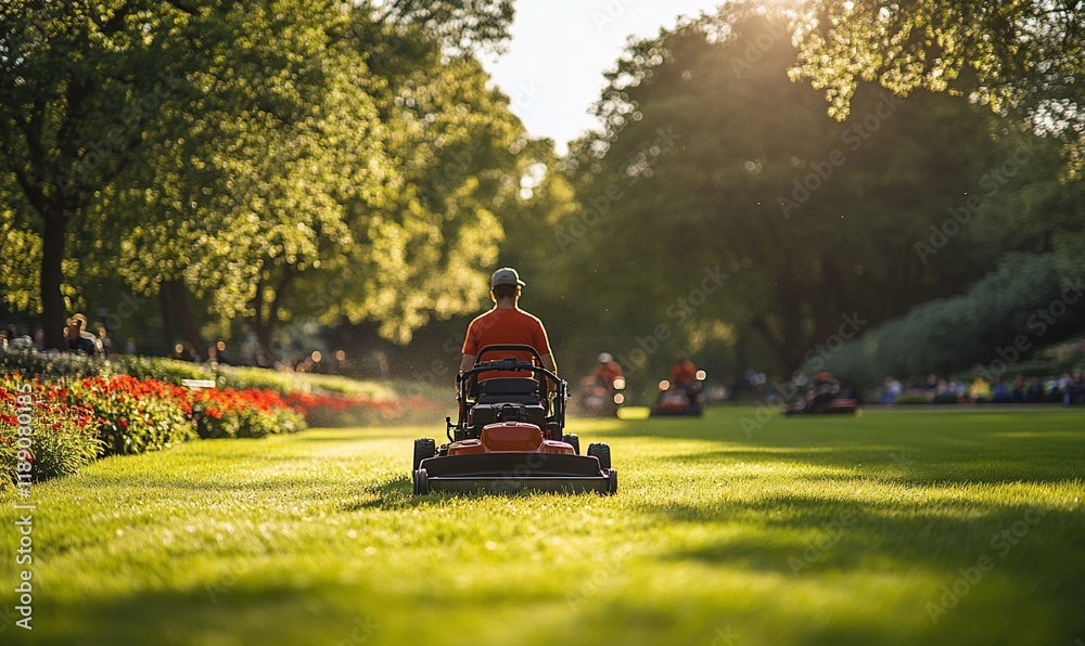 Park groundskeeper mowing lawn, sunset Park groundskeeper mowing lawn, sunset
