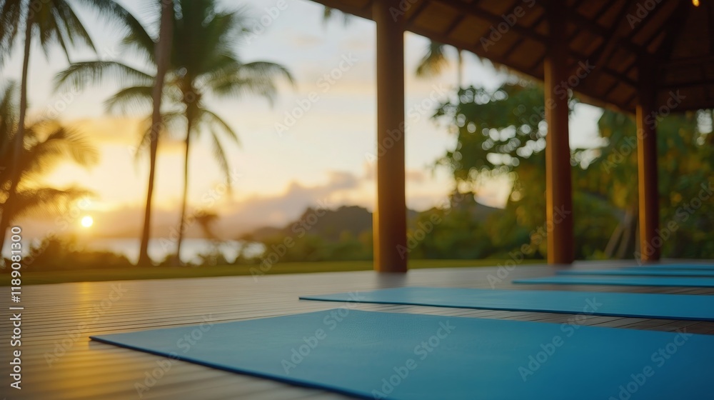 Fototapeta premium A serene yoga space overlooking a tranquil sunset by the ocean.