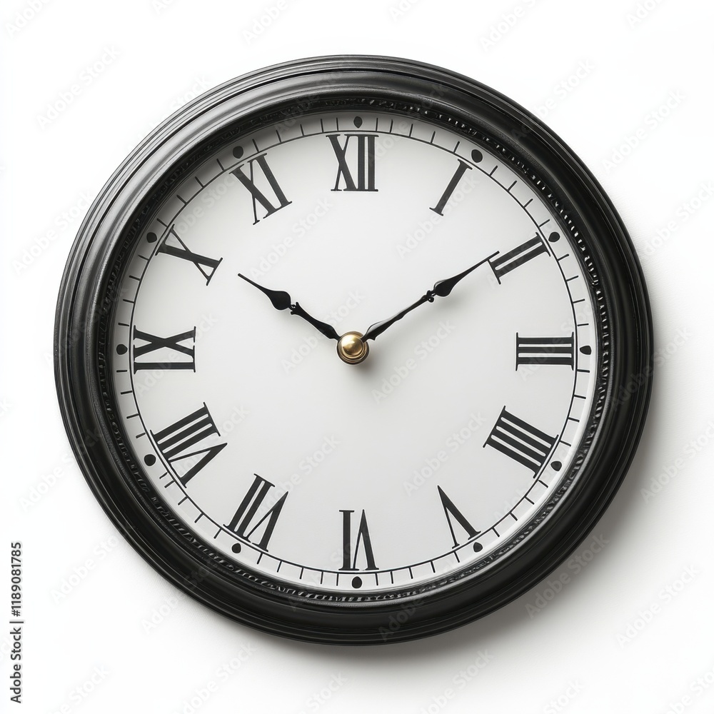 Classic wall clock with Roman numerals on a white background. Classic wall clock with Roman numerals on a white background.