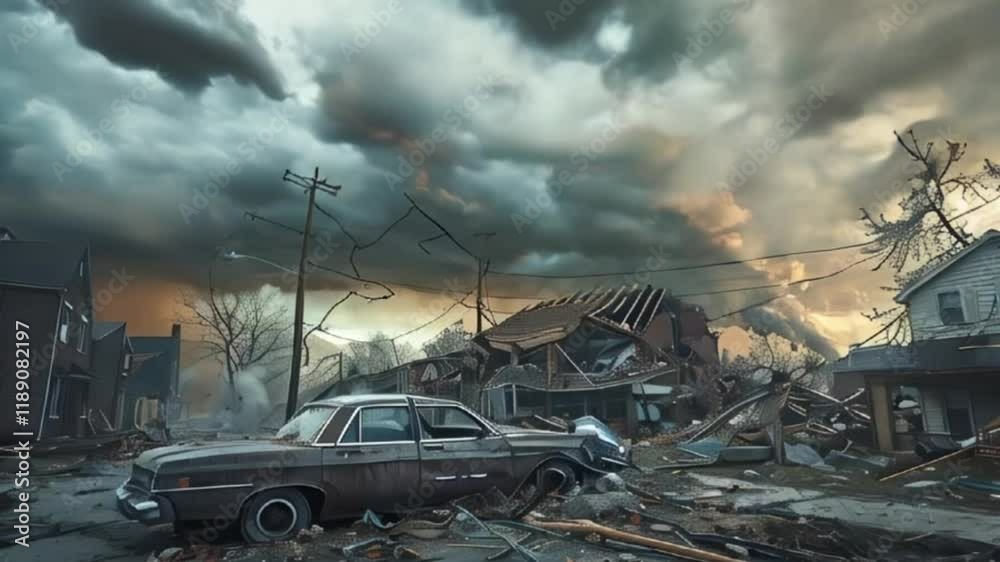 City destroyed street flooded after massive nature floods and natural big rains, abstract vivid composition consists of fictional unreal fantastic vision on background City destroyed street flooded after massive nature floods and natural big rains, abstract vivid composition consists of fictional unreal fantastic vision on background