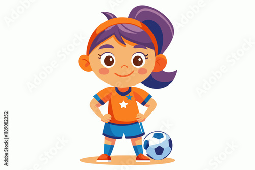 Cute Cartoon Girl Soccer Player – Orange Jersey, Playful Pose, Energetic Action