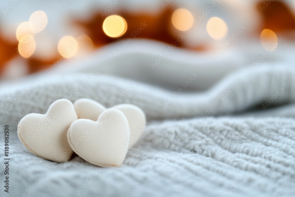 Three white hearts are placed on a white blanket Three white hearts are placed on a white blanket