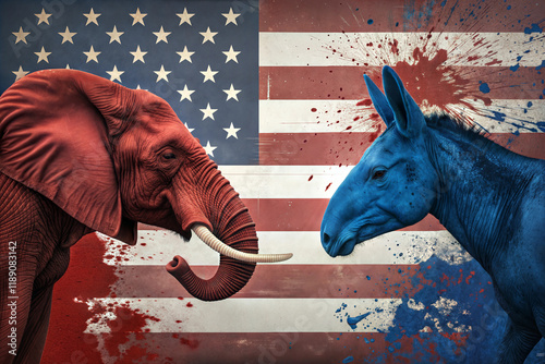 Political animals, a donkey representing democrats and an elephant representing republicans, on a vintage boxing style poster photo