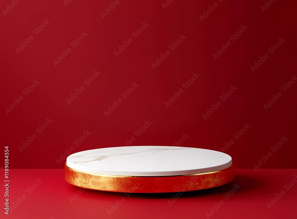 3D rendering, podium with a red background and golden decoration for product presentation in a minimal style. Vector illustration of a round pedestal or display stand on a Chinese New Year background 3D rendering, podium with a red background and golden decoration for product presentation in a minimal style. Vector illustration of a round pedestal or display stand on a Chinese New Year background