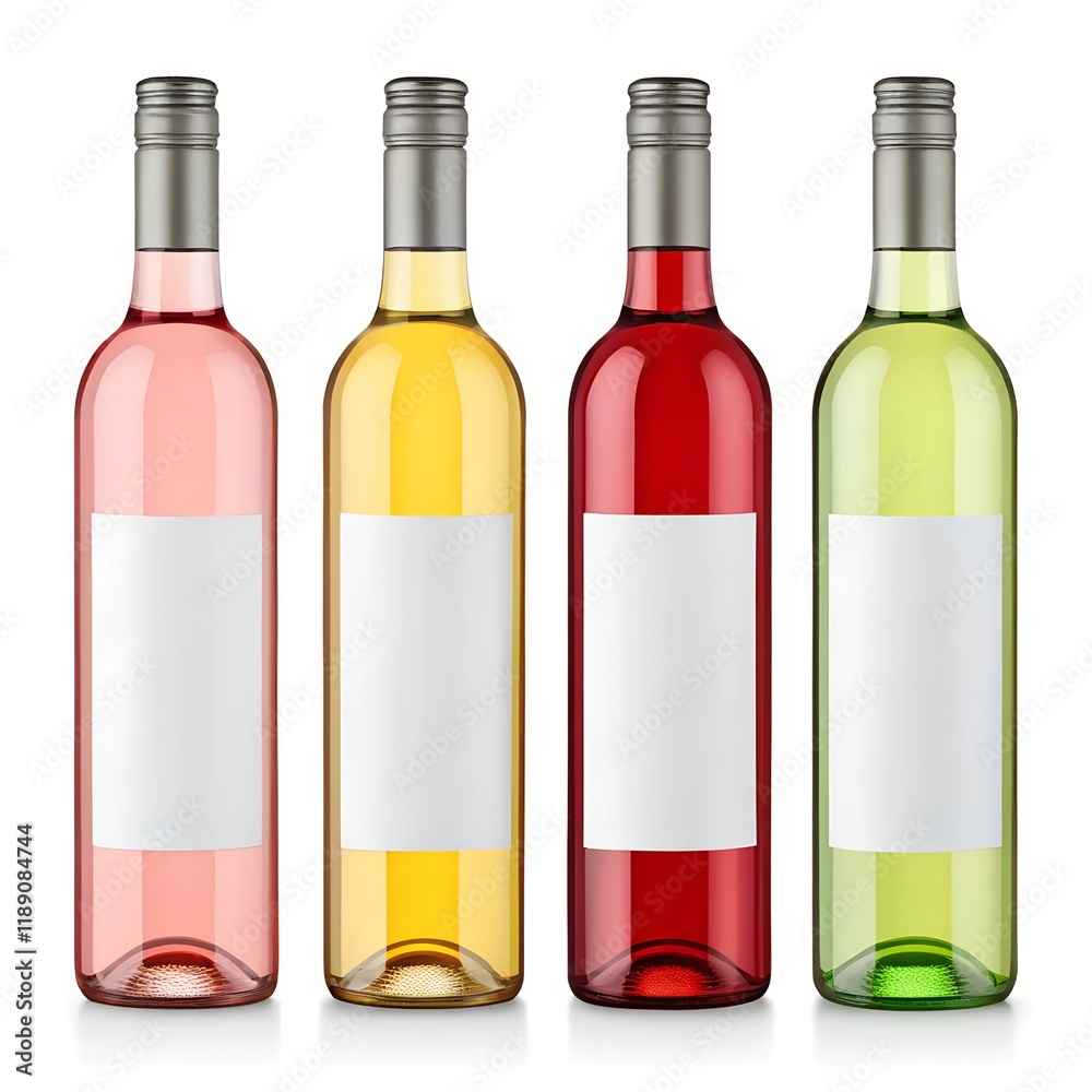 Mockup of four wine bottles with plain white labels in shades of pink, yellow, red, and green, set against a white background. Ideal for customizable branding projects. Mockup of four wine bottles with plain white labels in shades of pink, yellow, red, and green, set against a white background. Ideal for customizable branding projects.