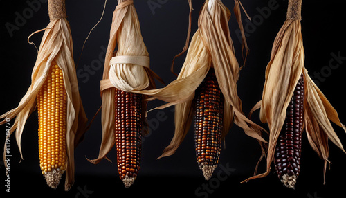 four dried cobs of ornamental corn on a black background