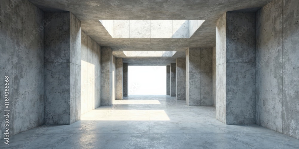 Obraz premium Sunlit Modern Concrete Structure Empty Hallway with Square Openings in Ceiling