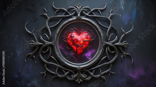 a gothic-style abstract with a glowing red heart reflection, surrounded by intricate dark metal designs on a black background photo