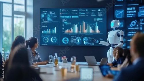 A futuristic humanoid robot standing confidently at the front of a modern conference room, presenting business and economic data