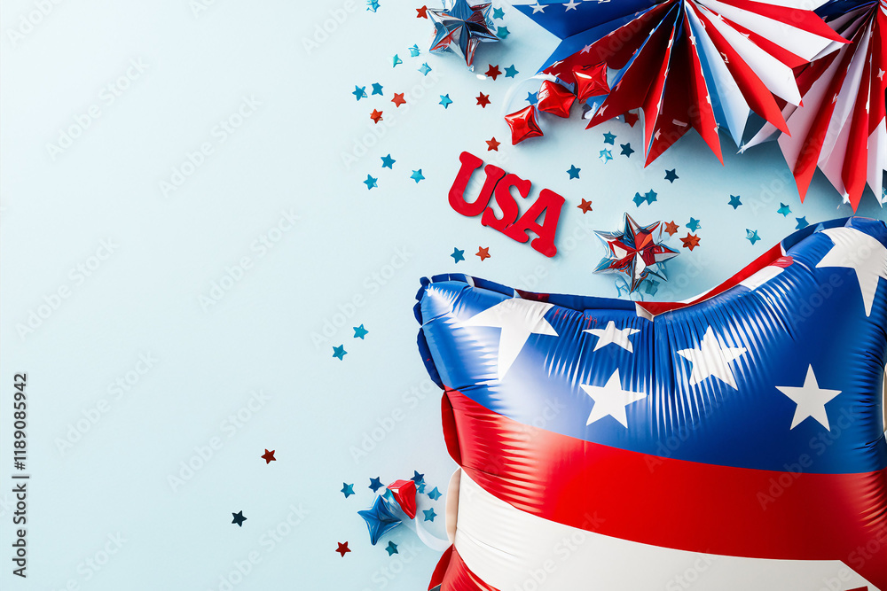 Fototapeta premium Patriotic American decorations, red white and blue, star-spangled banner, party streamers, confetti, festive celebration, Fourth of July, Independence Day, close-up photography, vibrant colors, high c