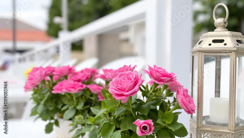 pink flowers and a lantern on a table photo