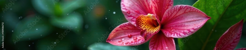Close-up of rain-soaked heliconia and orchids , pattern, detail Close-up of rain-soaked heliconia and orchids , pattern, detail