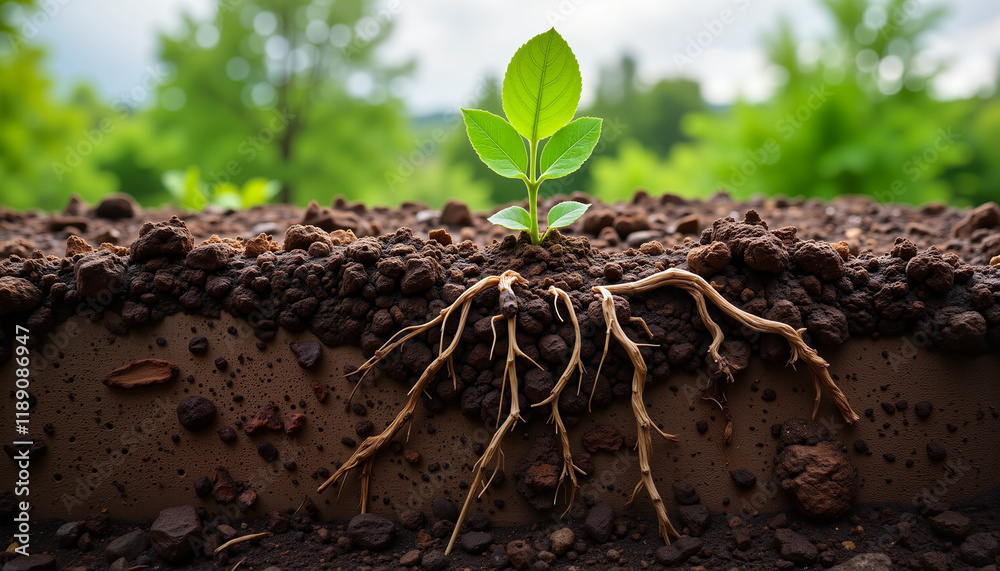 Fototapeta premium Close-up of young plant with roots in rich soil showcasing growth and nurturing environment