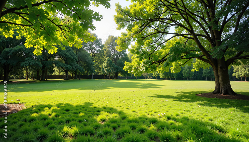 Obraz premium Shady green lawn with lush grass and trees casting gentle shadows in serene park setting