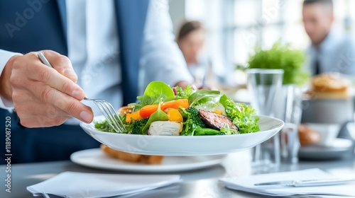 Man is holding a fork and a salad plate photo