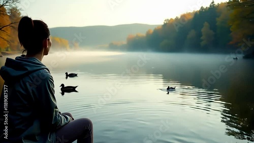 Woman by a misty lake watching ducks ? Serenity and reflection ? suitable for travel, lifestyle and wellness blog posts and social media campaigns photo