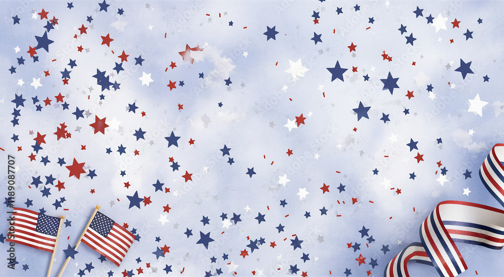 Obraz premium Patriotic American scene, wooden table background, scattered red white and blue confetti, small American flags, striped party hats, festive atmosphere, 4th of July celebration, Independence Day decor,