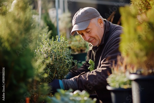 Gardener smiling and taking care of small plants in a sunny garden center