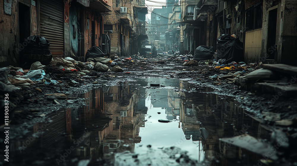A dirty puddle of water on the ground in an alleyway, surrounded by old, dilapidated buildings and trash. The reflection in the muddy water captures the essence of the raw, gritty city streets. A dirty puddle of water on the ground in an alleyway, surrounded by old, dilapidated buildings and trash. The reflection in the muddy water captures the essence of the raw, gritty city streets.